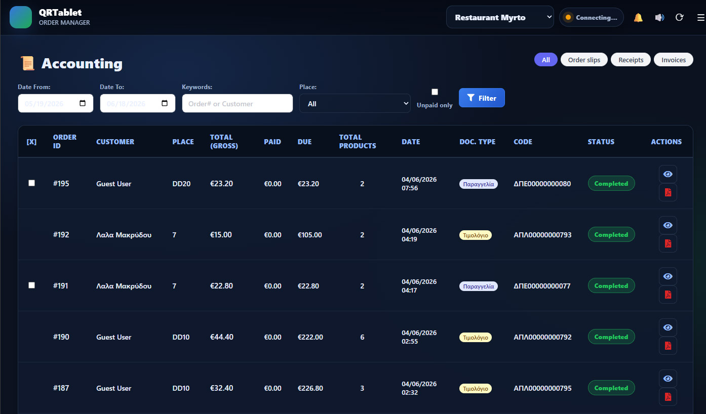 Accounting screen